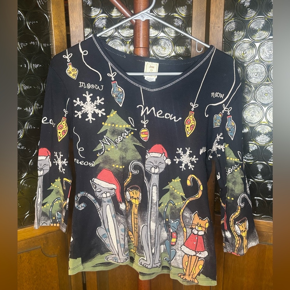 Jess & Jane Rare Festive Black Cat Christmas Long Sleeve Tee Size Small